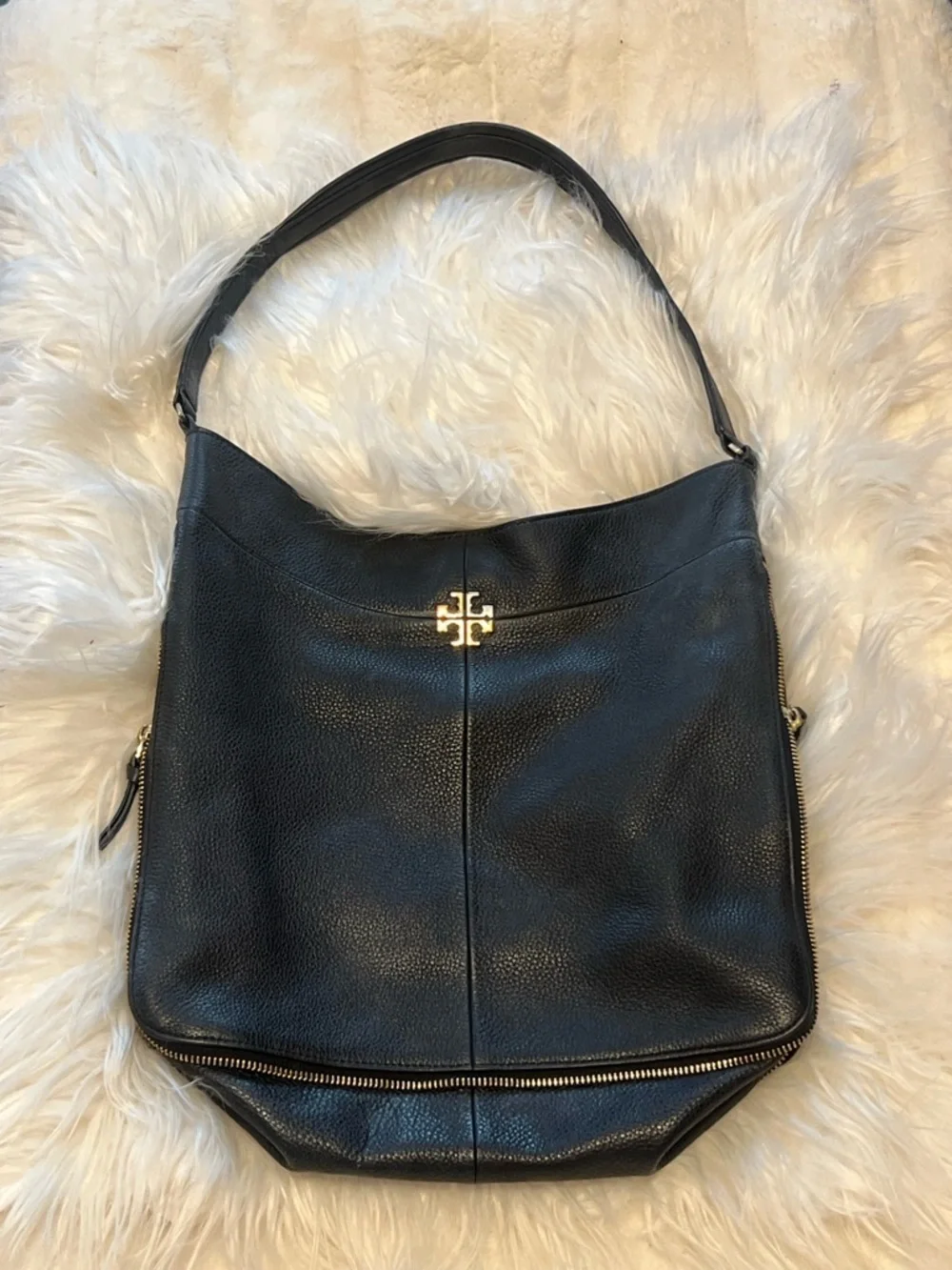 Tory Burch Black Pebbled Leather Hobo with Gold Logo